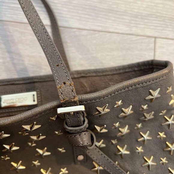 JIMMY CHOO Sasha Star Studded Tote Shoulder Bag Gray Beige Leather - Picture 5 of 6